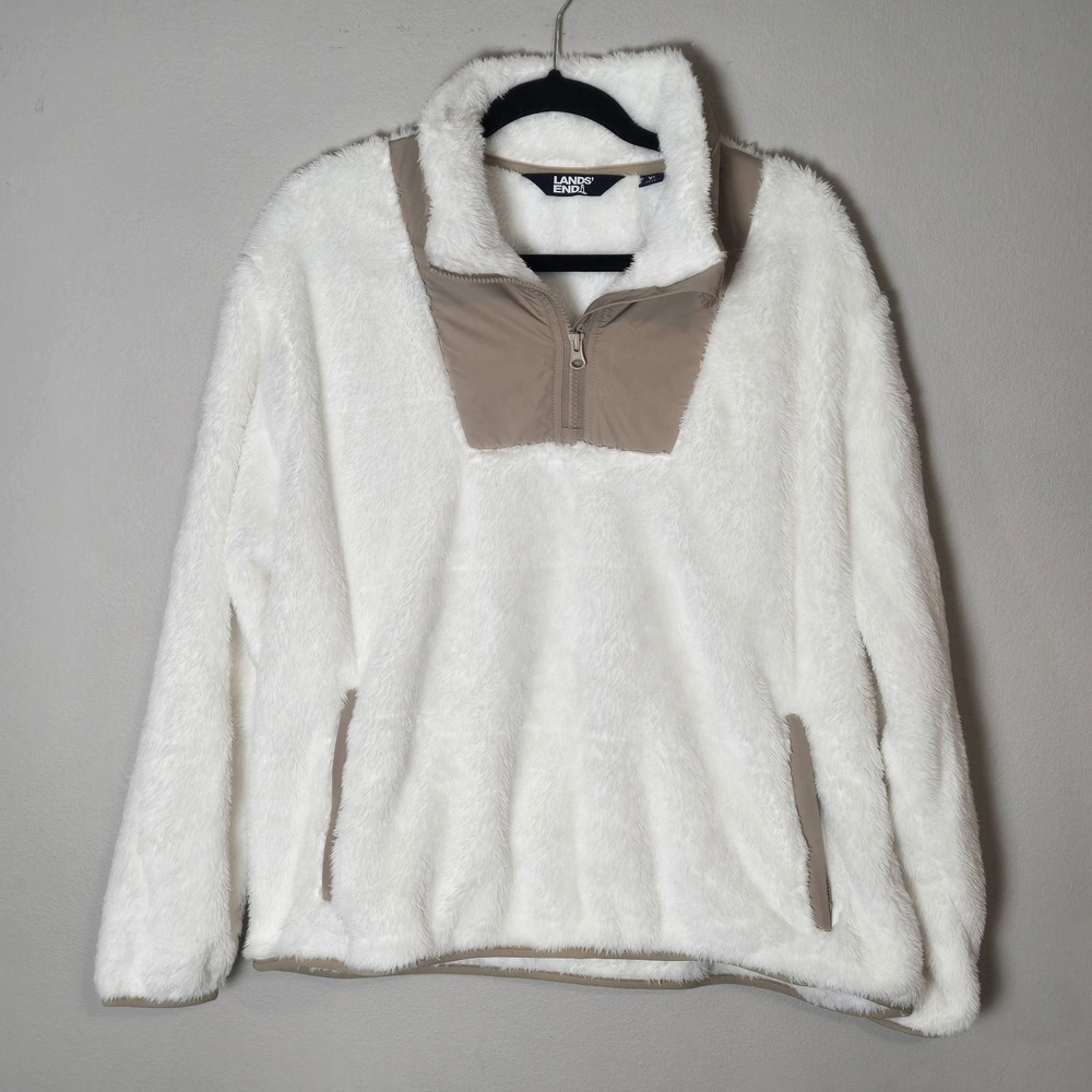Lands' End Women's XL Cozy High Pile Fleece Pullover 3/4 Zip Ivory Sherpa Cabin